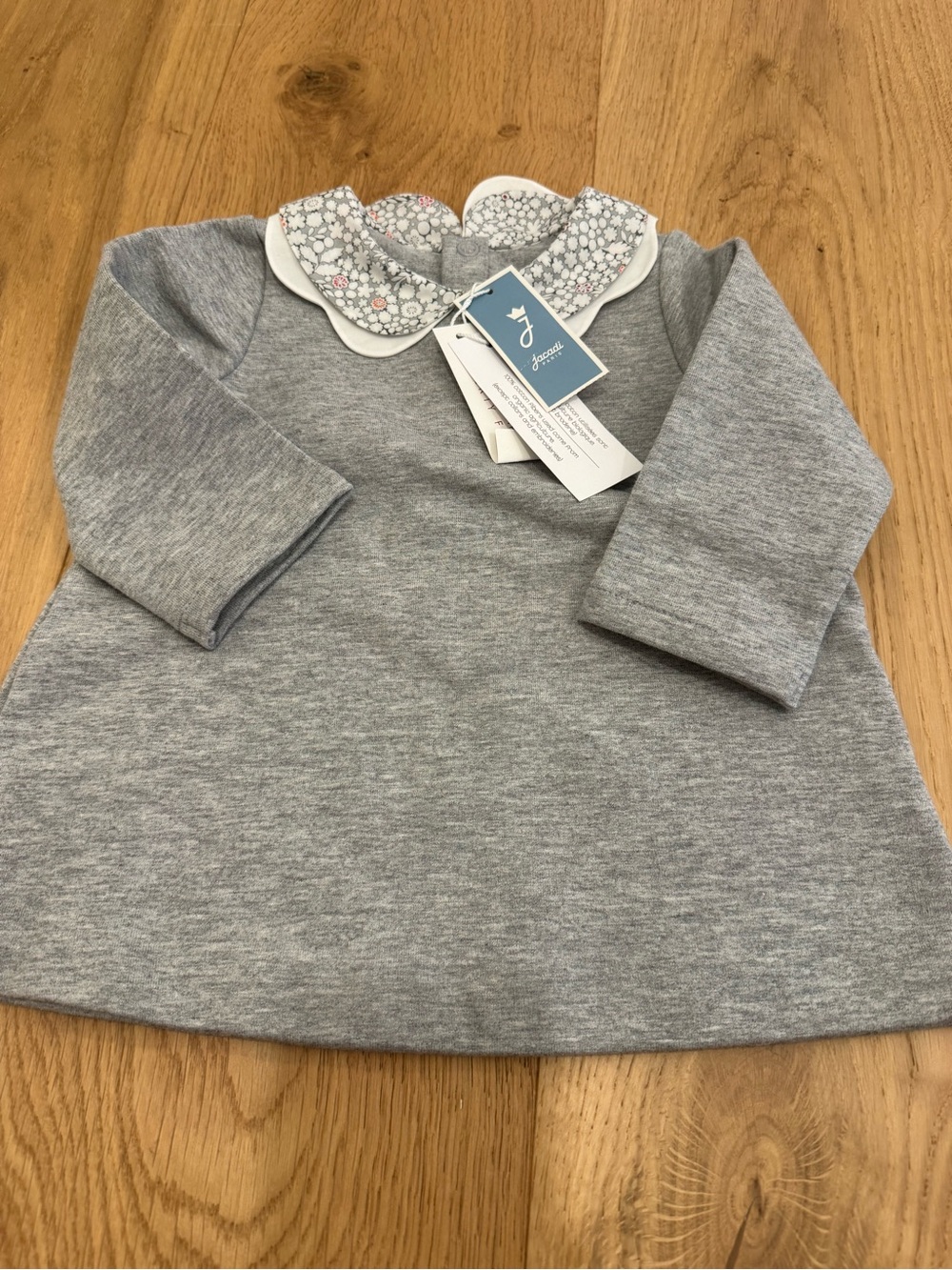 Jacadi Gray Knit Dress with Floral Peter Pan Collar - BBWT Sz 6 months